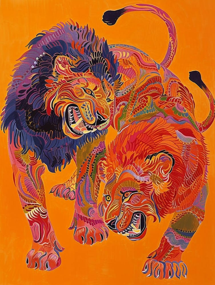 Asiatic Lion Mating Rituals Fauvist Painting 2
