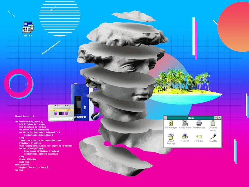 Retrowave 90s (synthwave/vaporwave/retrowave/cyberpunk) — aesthetic poster, retrowave poster, neon poster, Memphis Design