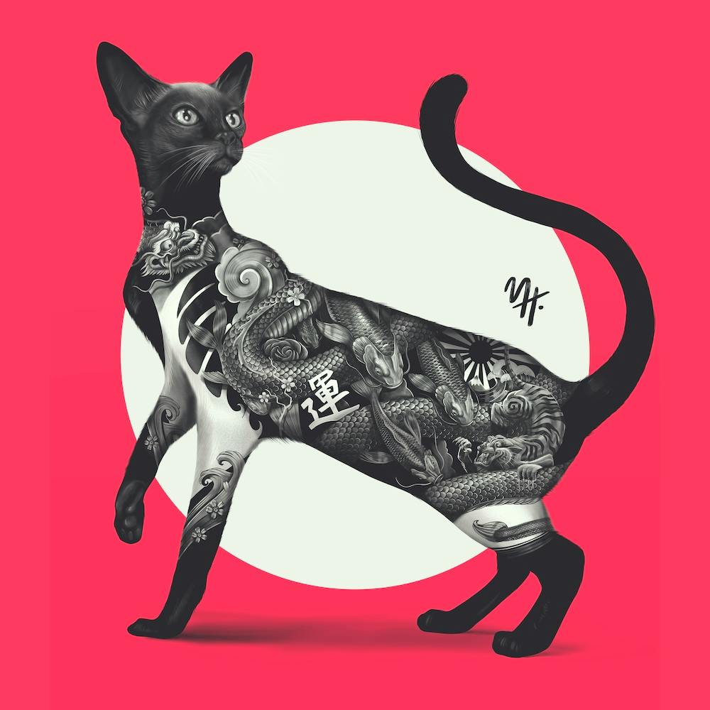 Japanese Cat Tattoo Red Square