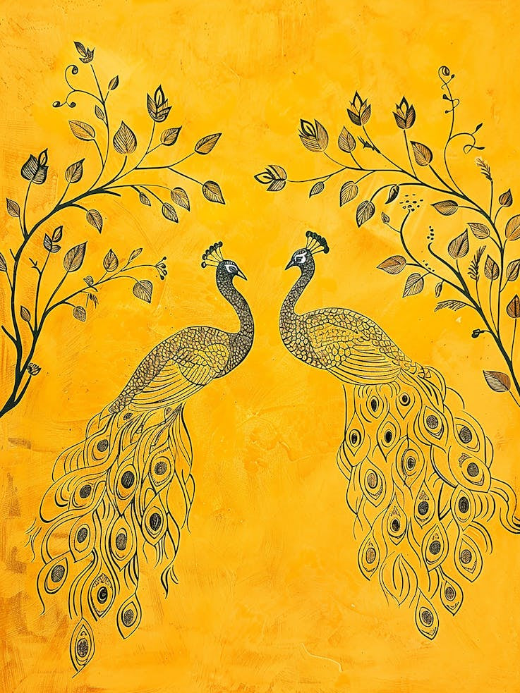 Peacocks On A Yellow Background