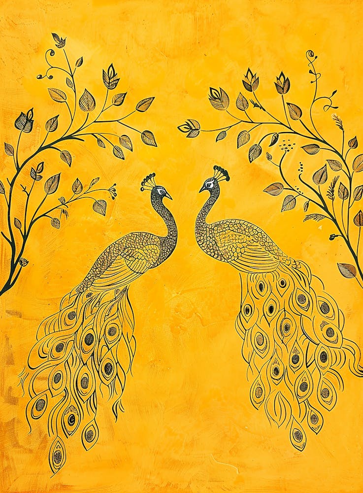 Peacocks On A Yellow Background