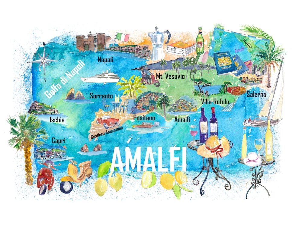 Carte De Voyage Illustrée Amalfi Italie Avec Routes Et Points Forts