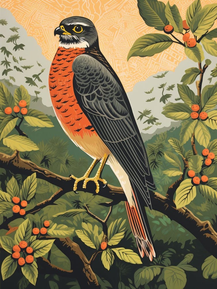 Vintage Bird Linocut Eurasian Sparrowhawk 1