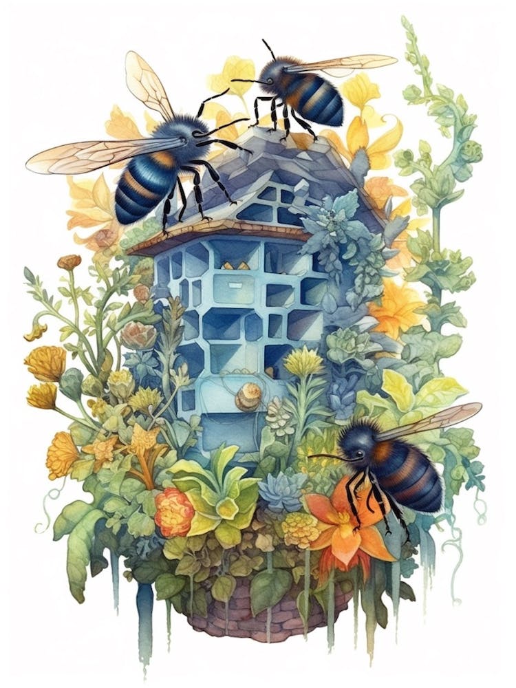 Blue Carpenter Bee Beehive Watercolour Illustration  1