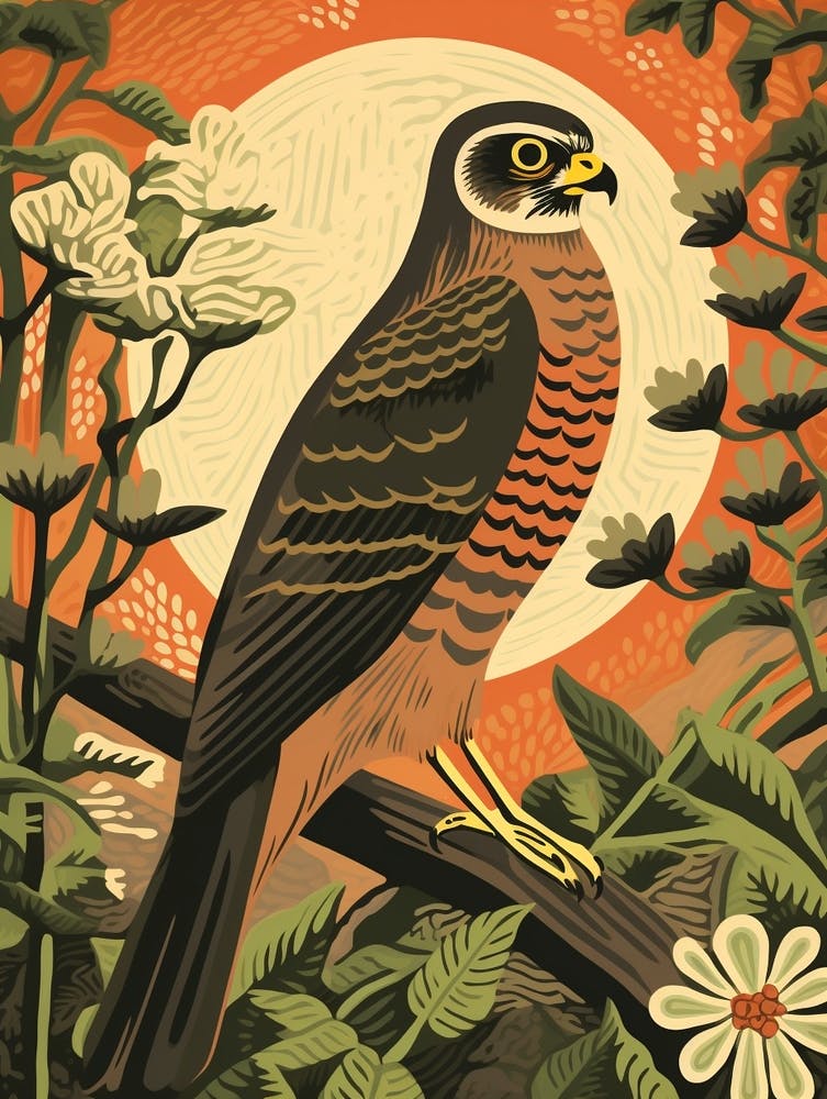 Vintage Bird Linocut Eurasian Sparrowhawk 4