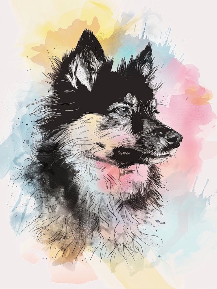 Finnish Lapphund Dog Watercolour Line Illustration