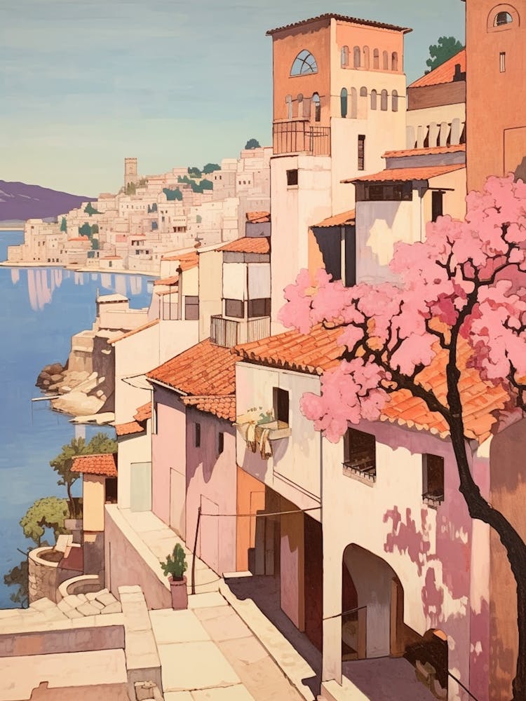 Budva Montenegro 4 Vintage Pink Travel Illustration