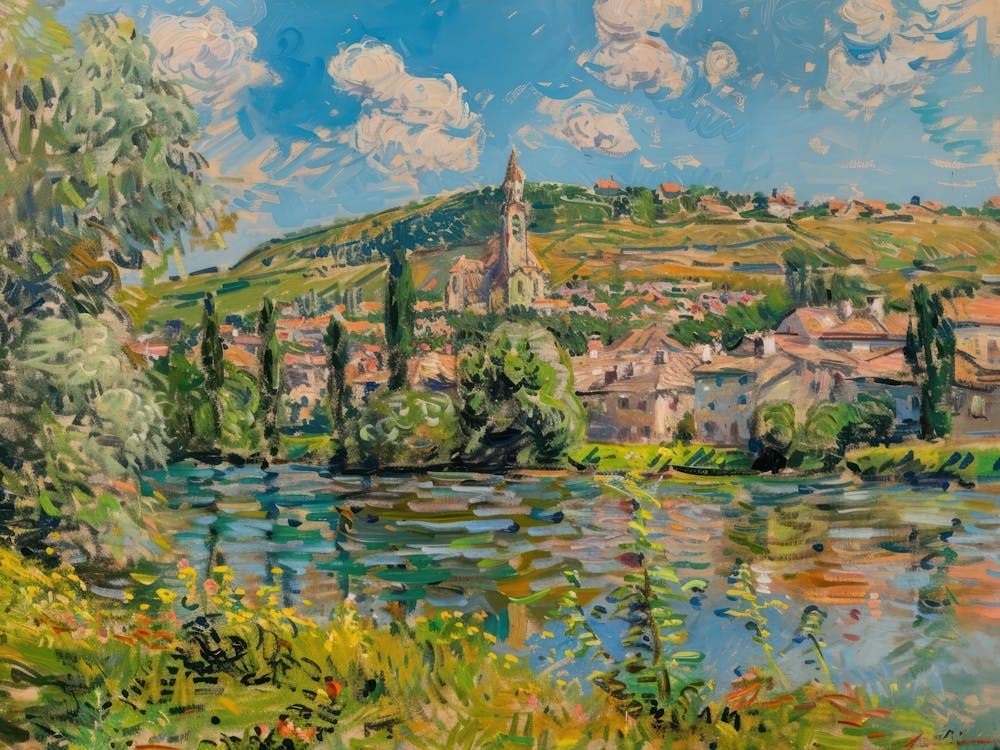 Tranquillité de village au bord de l'eau, Peinture inspirée par Paul Cézanne