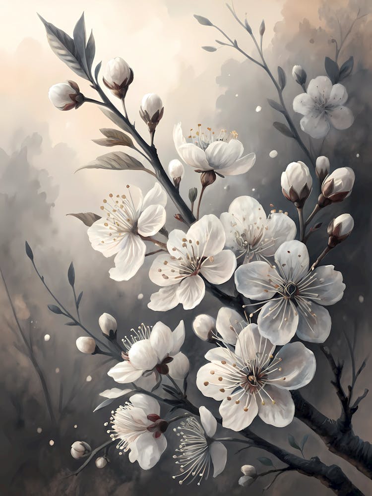 Oil Painting StyleWhite Cherry Blossom Branches Delicate Floral Artwork