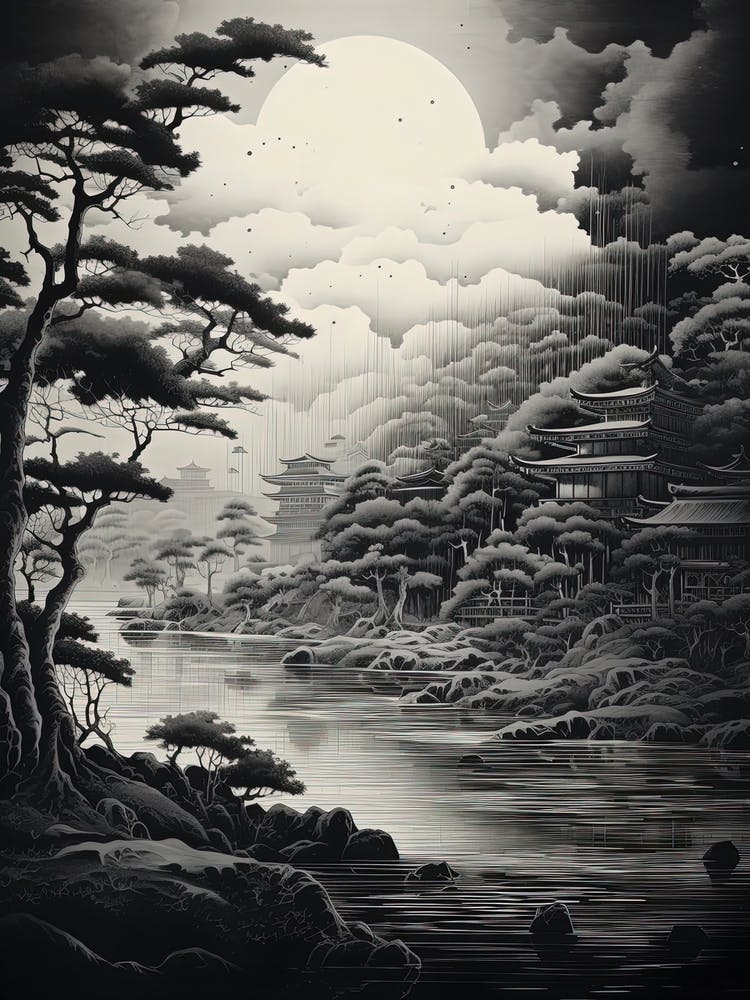 Amanohashidate In Kyoto, Ukiyo E Black And White Line Art Drawing 4
