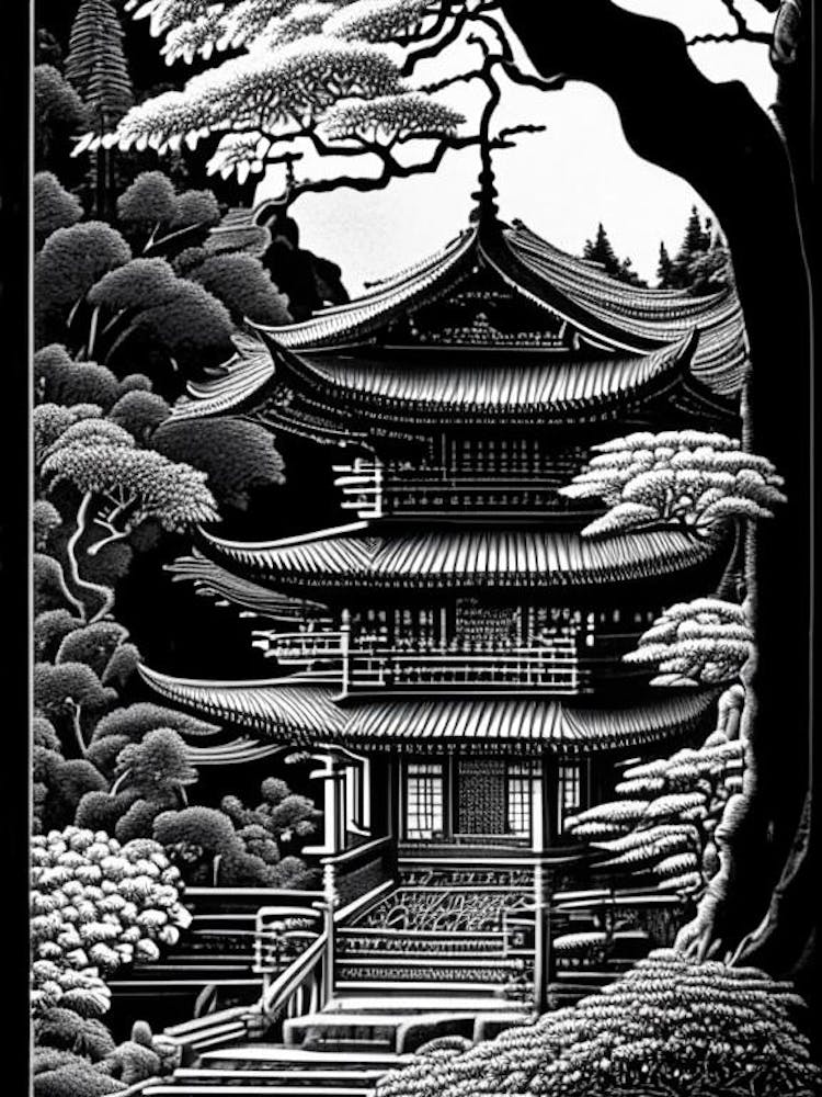 Ninna Ji Temple, 1, Japan Linocut Black And White Vintage