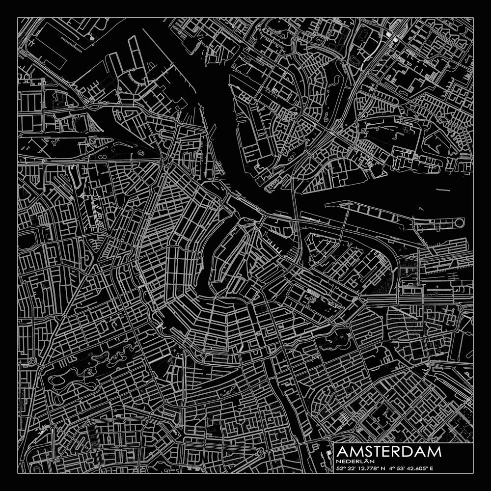 Amsterdam, Nederlân, City Map White On Black Blueprint Design
