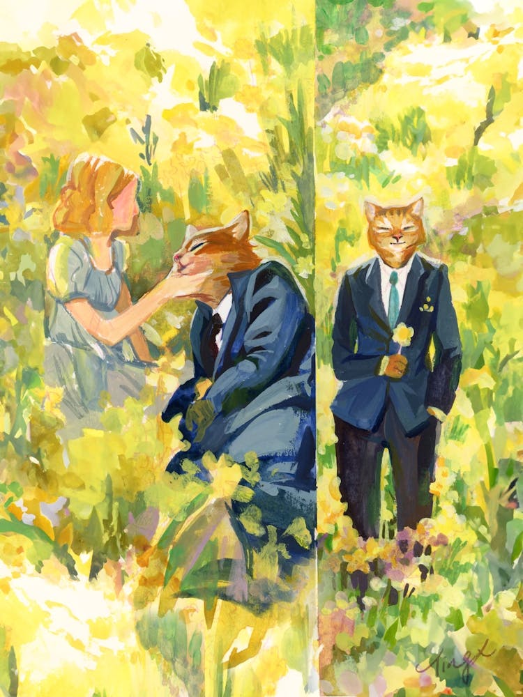 Yellow Gouache Illustration Cat Lovers