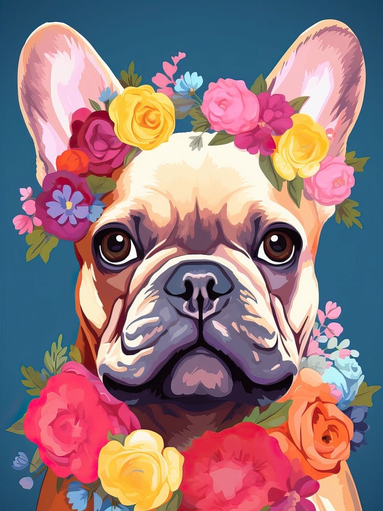 French Bulldog Portrait With A Flower Crown, Matisse Painting Style 2