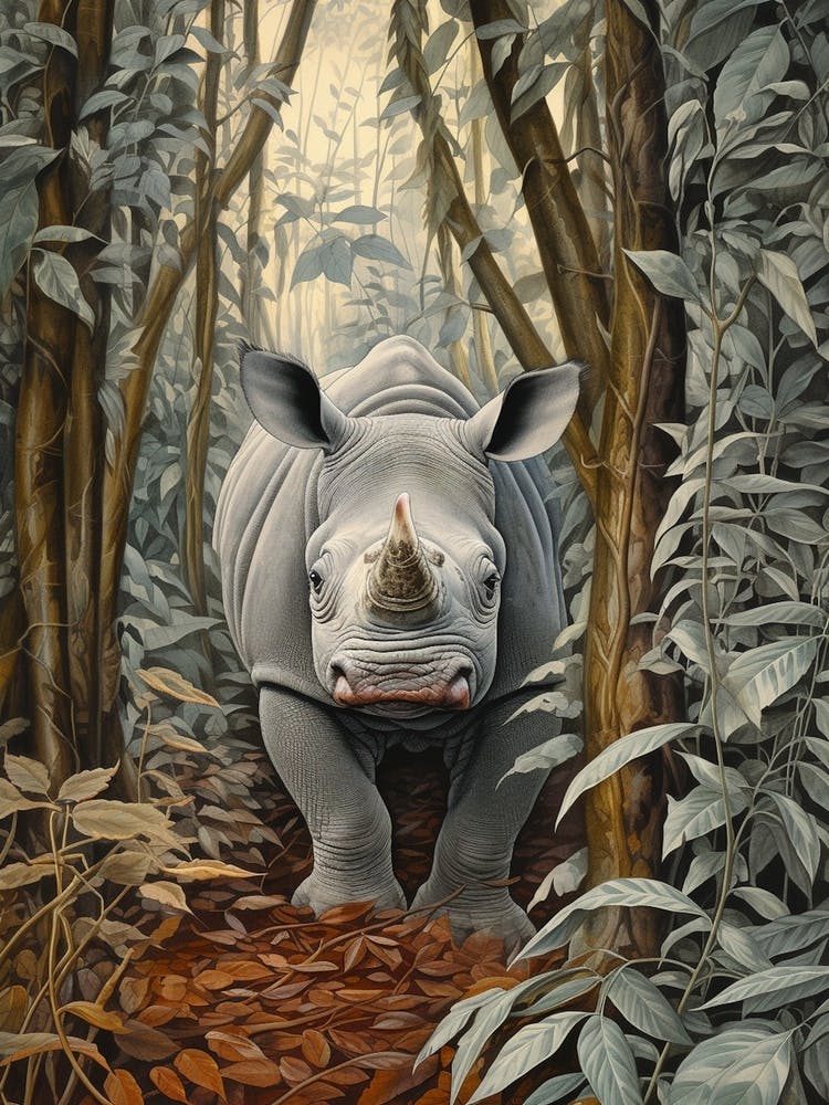 Rhino In The Trees Realistic Illustration 4