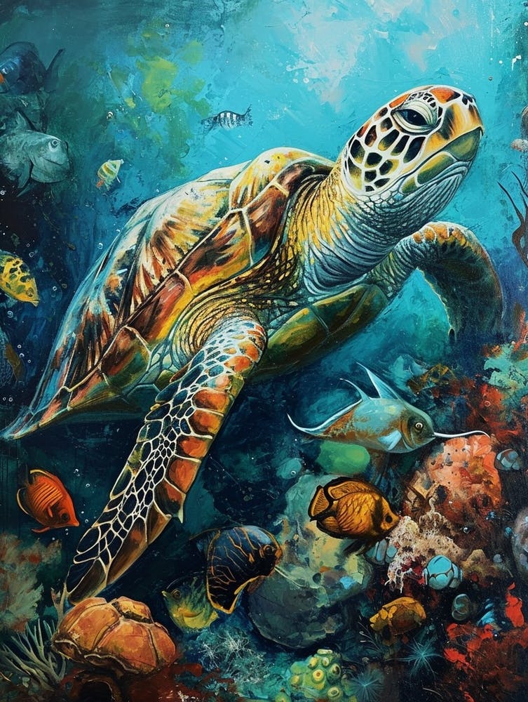 Turtle Underwater With Fish Painting 2