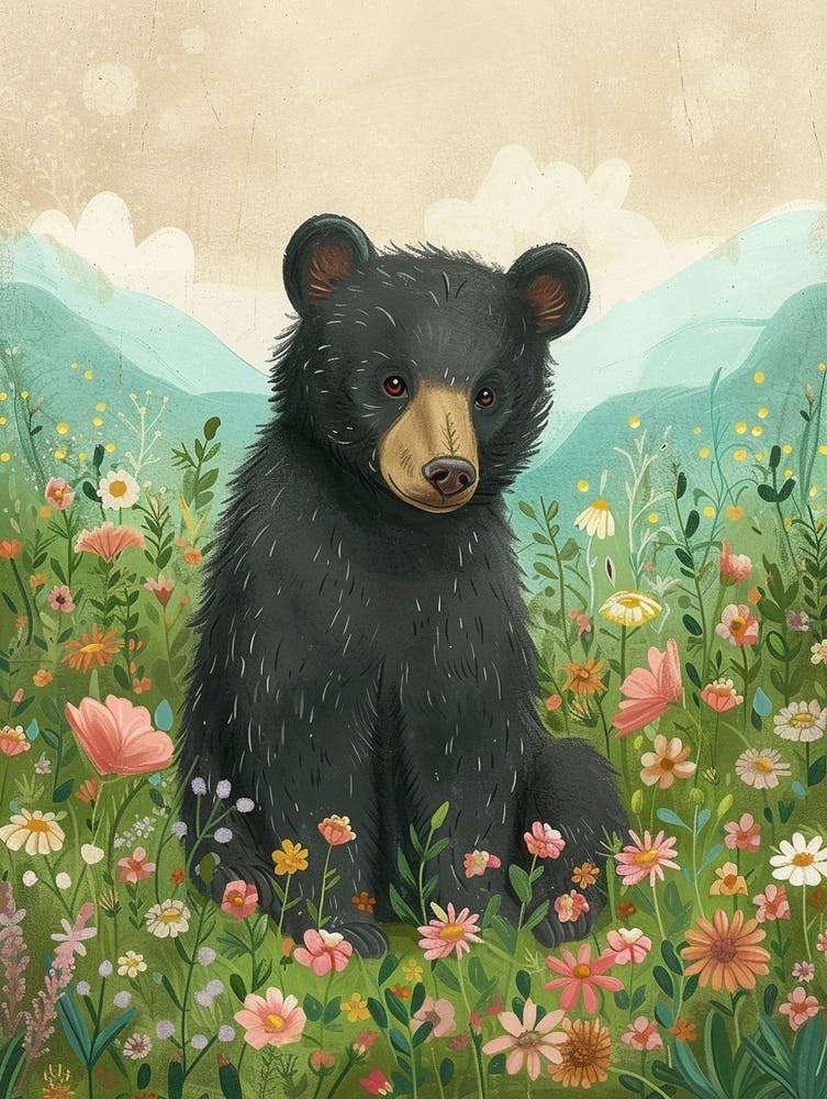 American Black Bear Cub In A Field Of Flowers Storybook Illustration 3