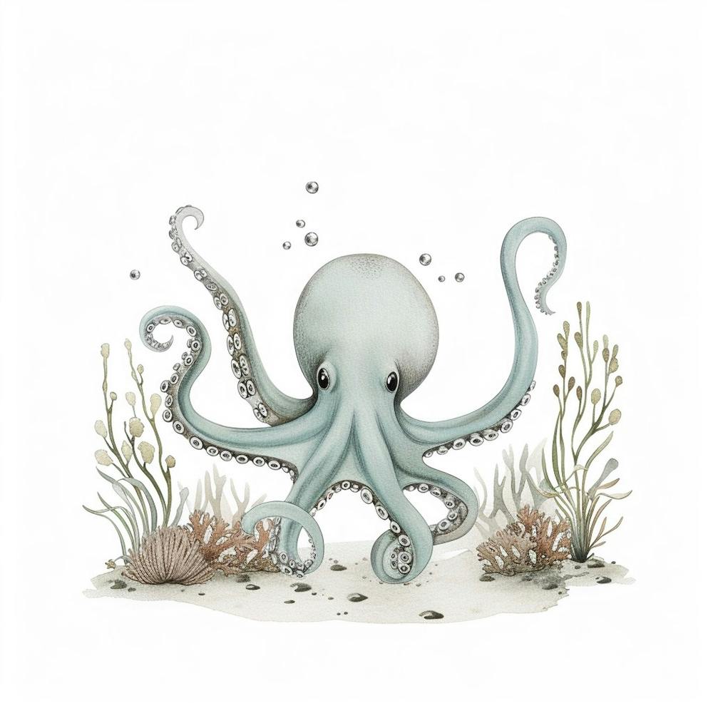 Storybook Style Octopus With Bubbles 1
