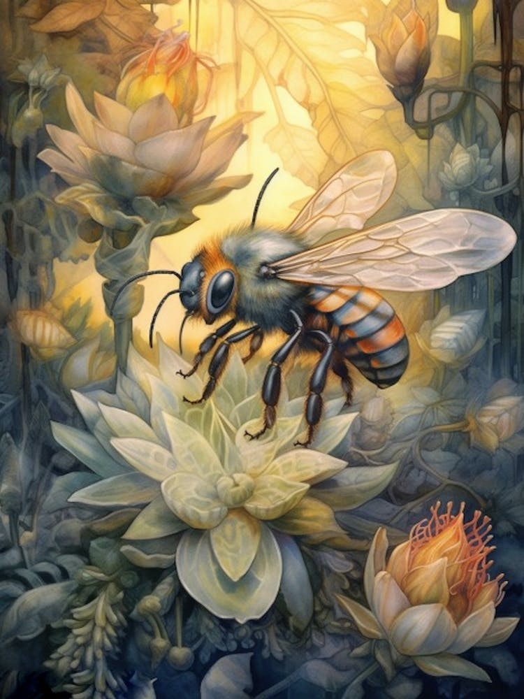 Long Horned Cellophane Bee Beehive Watercolour Illustration 1