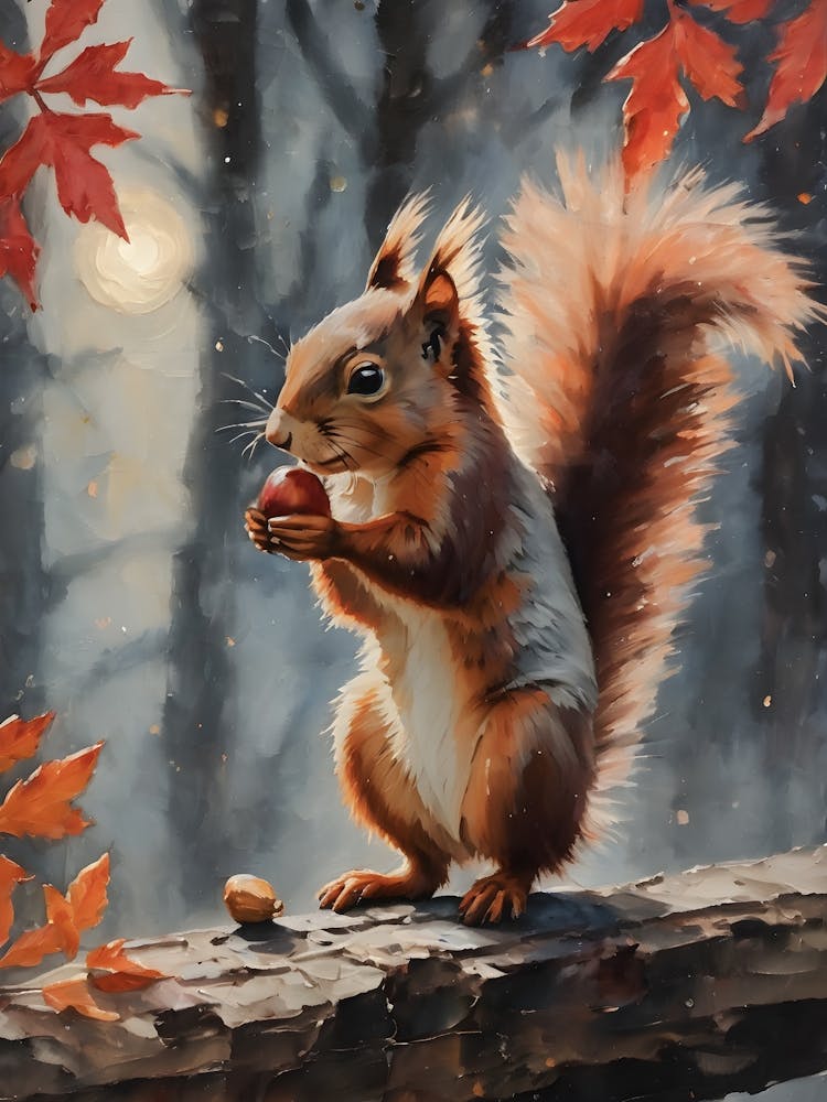 Cottagecore Red Squirrel in Autumn - Acrylic Paint Fall Rare Red Squirrel Eating a Nut with Falling Leaves at Night, Full Moon Perfect for Witchcore Cottage Core Pagan Tarot Celestial Zodiac Gallery Feature Wall Beautiful Woodland Creatures Series HD