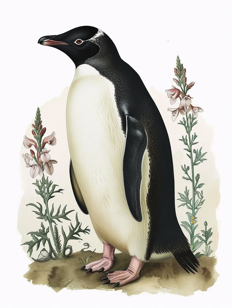 Adlie Penguin Santiago Island Vintage Botanical Painting 3
