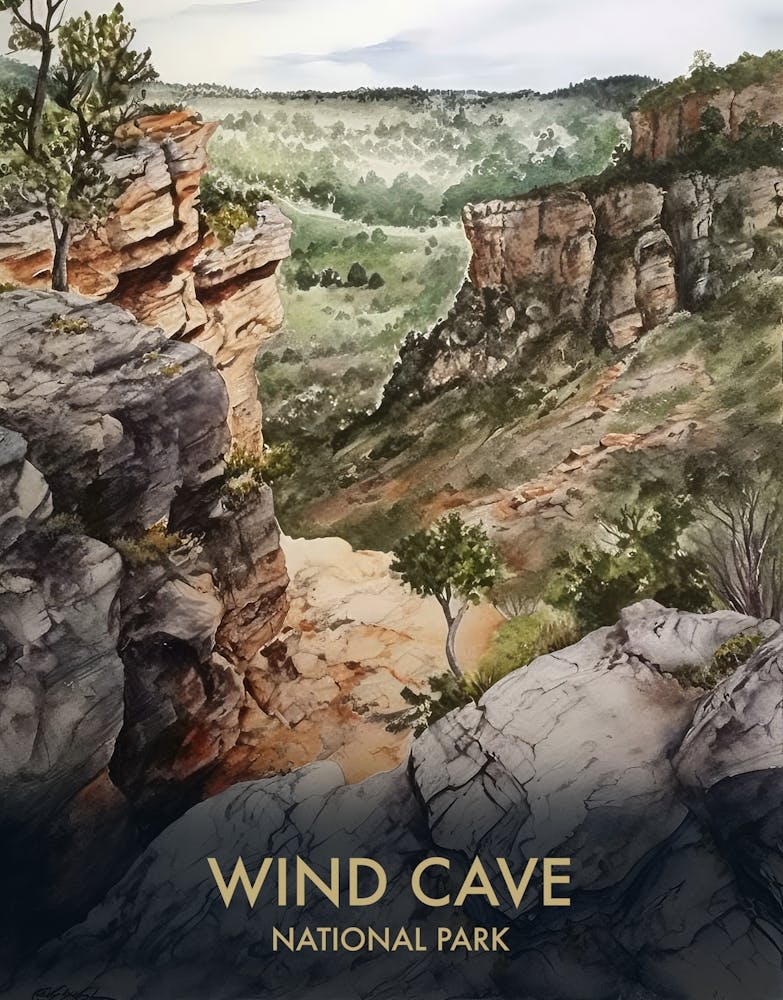 Wind Cave National Park Watercolour Vintage Travel Poster 1