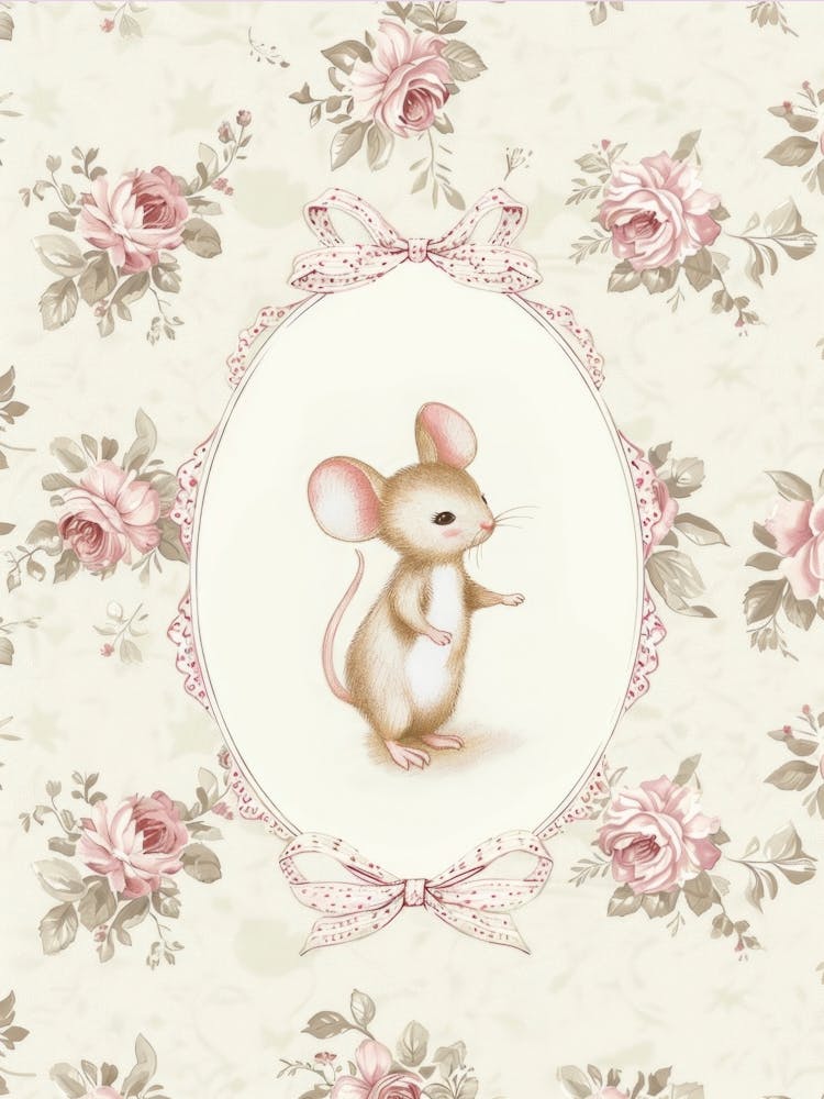 Little Baby Mouse in a Whimsical Frame with Bows and Flowers. Vintage Illustration, Kids Room