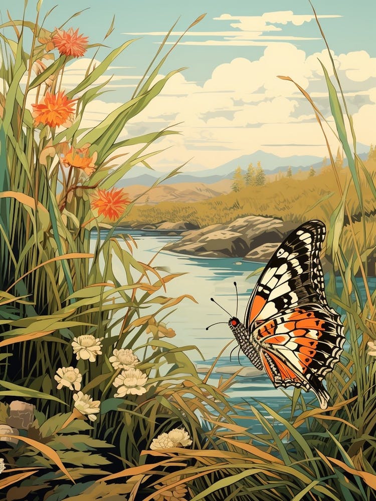 Butterfly By The River Japanese Style Painting 2