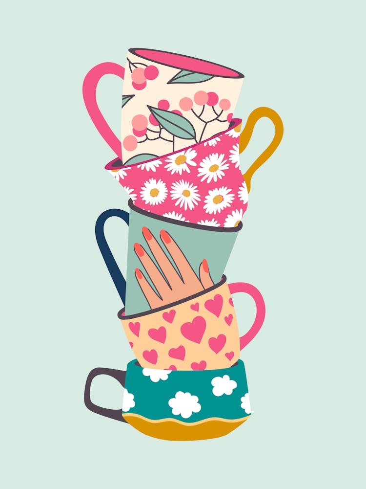 Blue Floral Stacked Teacups Kitchen