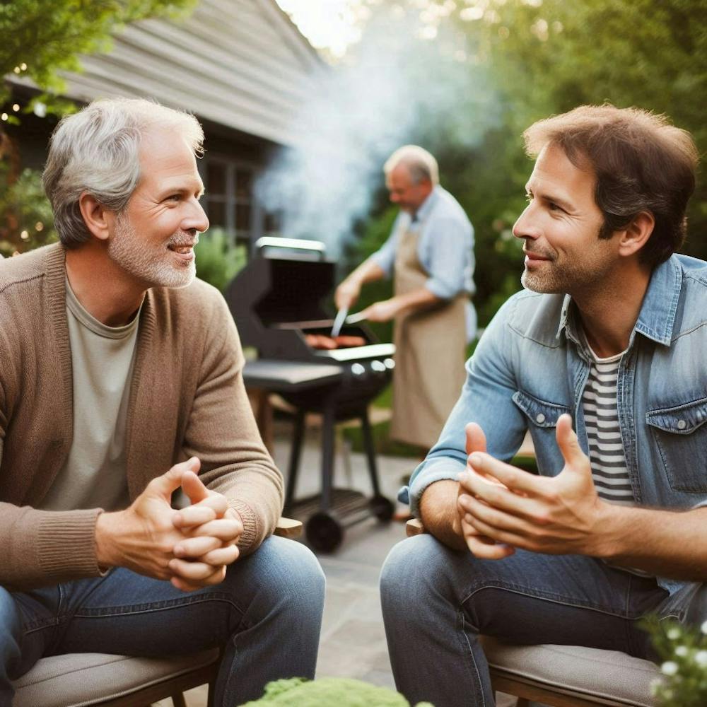 Men chatting in garden backyard with barbecue in background.