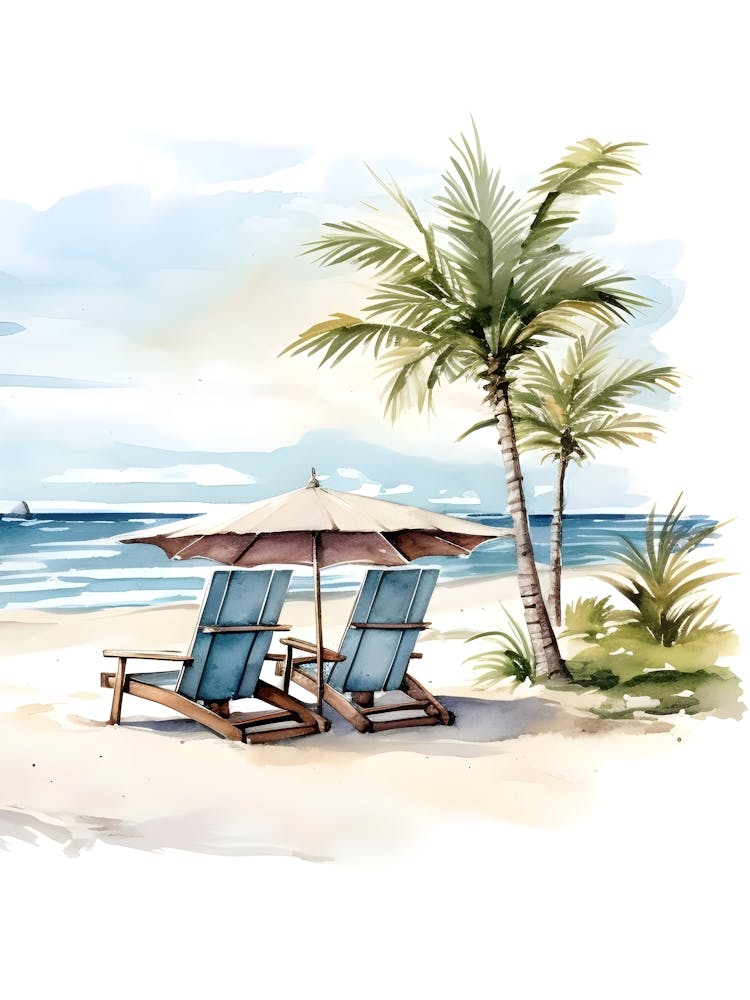 Watercolor Beach Chairs And Umbrella