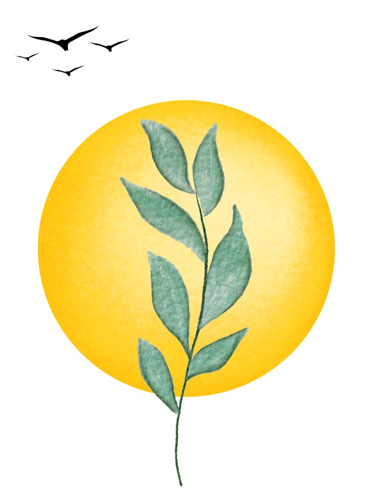 Art Minimaliste Milieu Du Siècle Moderne Peinture Aquarelle Oiseaux Japonais, Feuille Et Soleil Jaune, Lignes Épurées