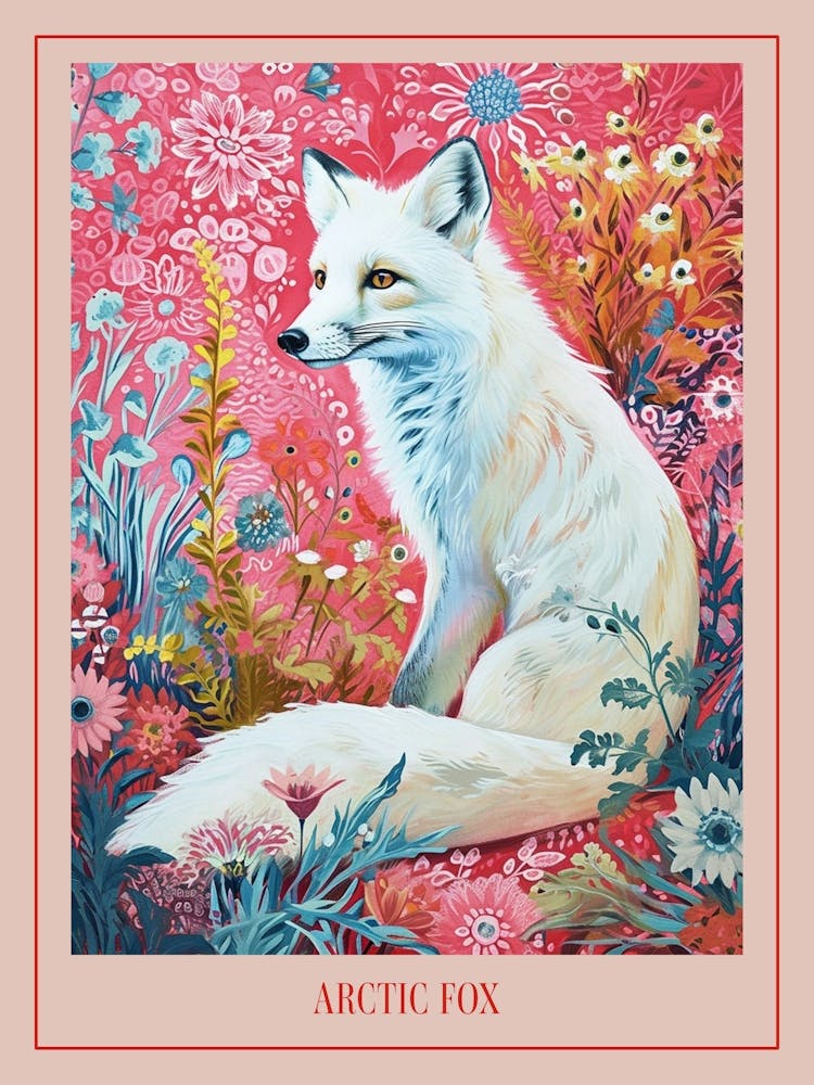 Floral Animal Painting Arctic Fox 2 Poster