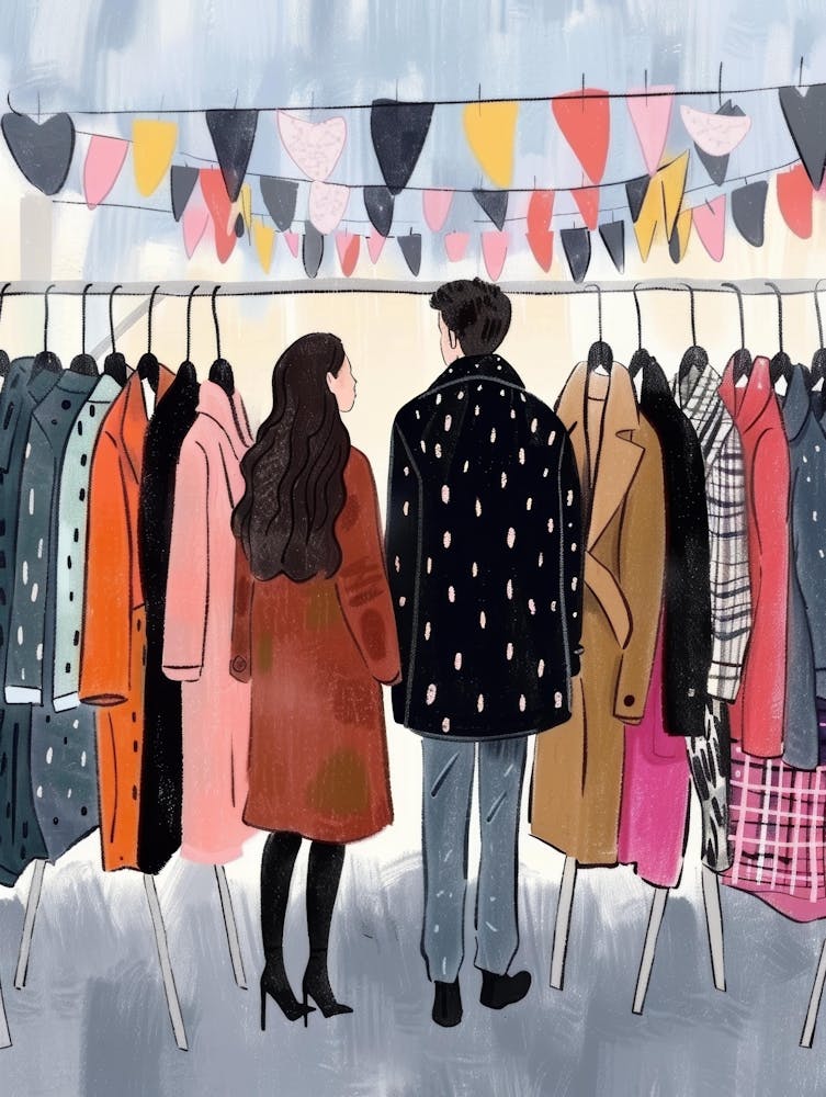 Illustration Of A Couple Looking At Clothes
