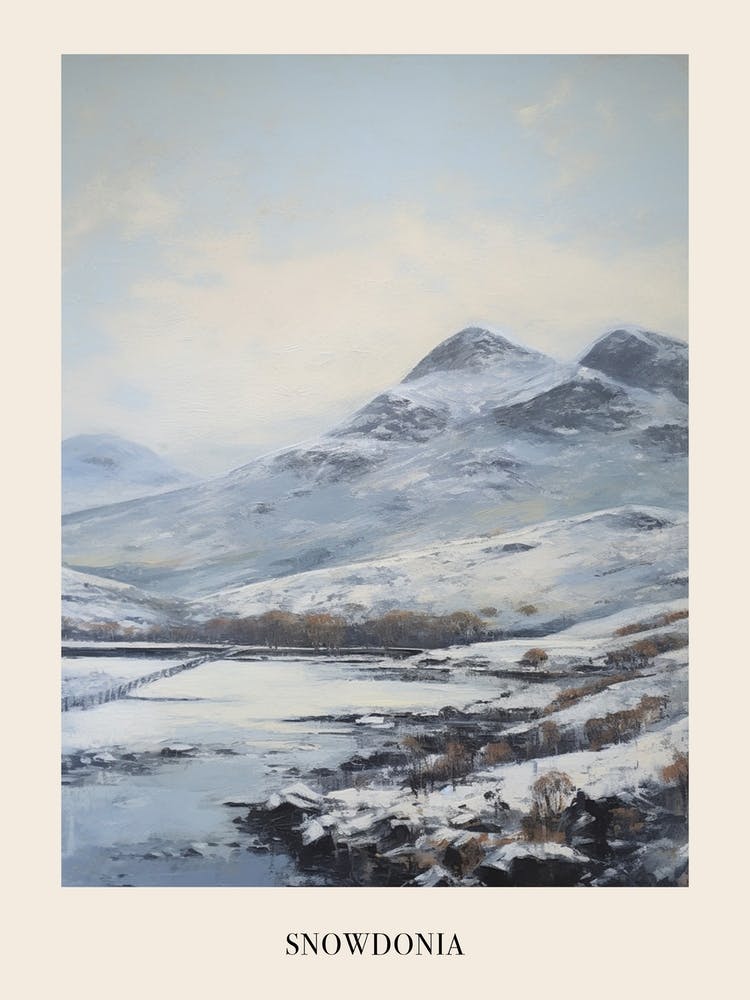 Vintage Winter Painting Poster Snowdonia National Park United Kingdom 1
