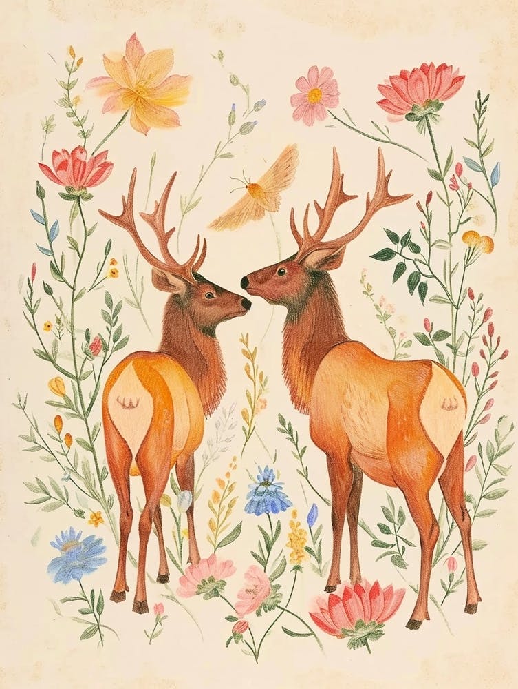 Folksy Floral Animal Drawing Elk