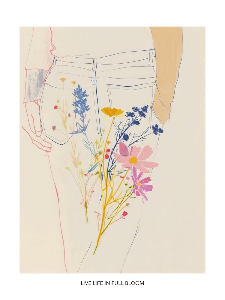 Live Life In Full Bloom Poster Floral Blue Jeans Line Art 5