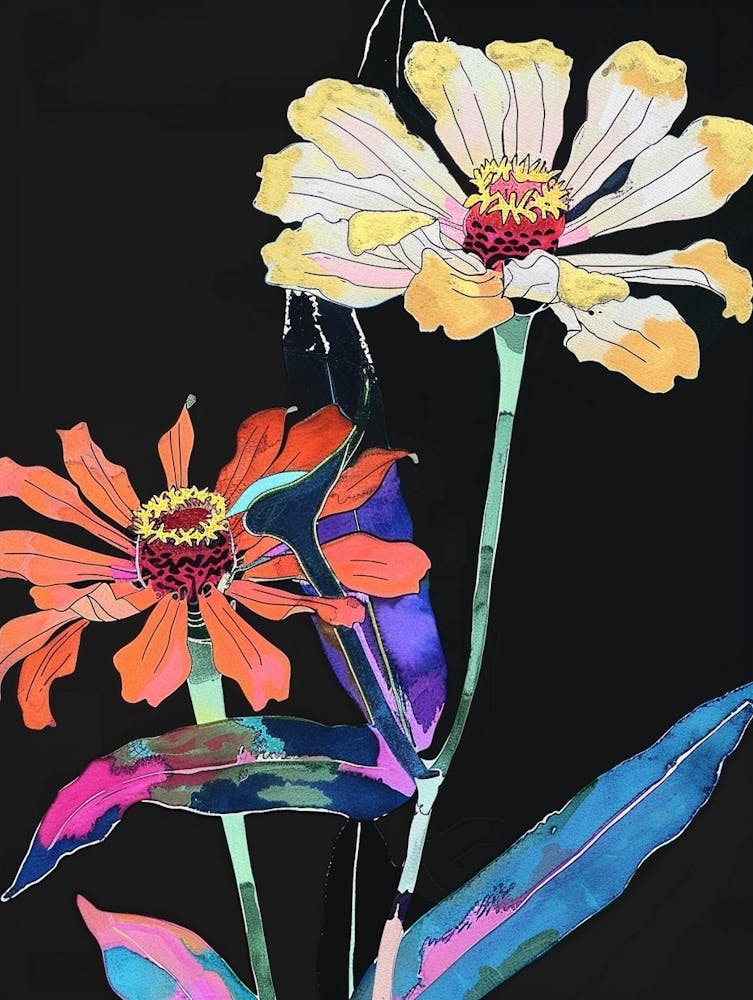 Neon Flowers On Black Zinnia 1