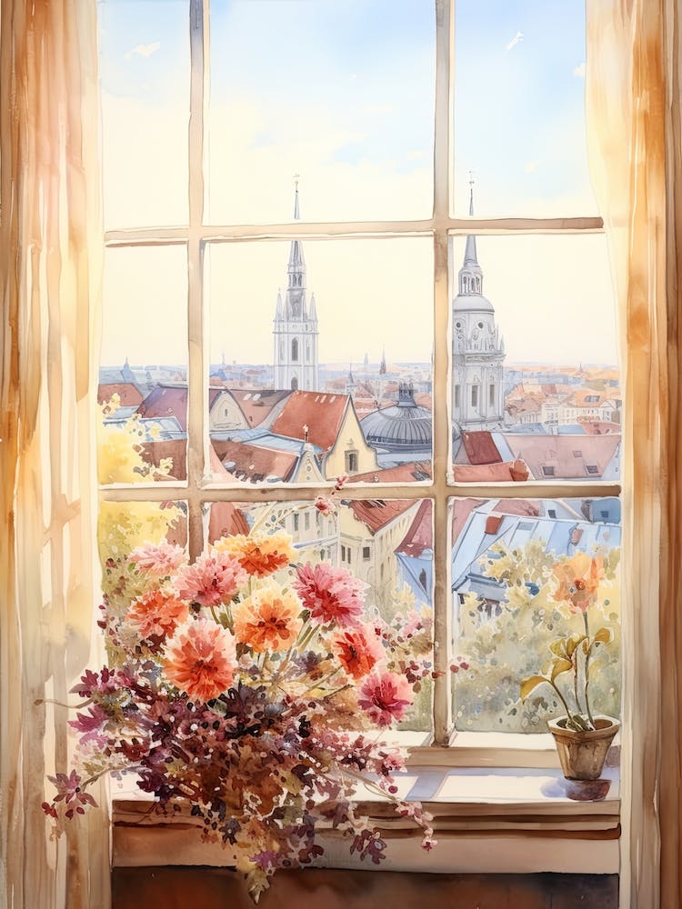 Window View Of Bratislava Slovakia In Autumn Fall, Watercolour 4
