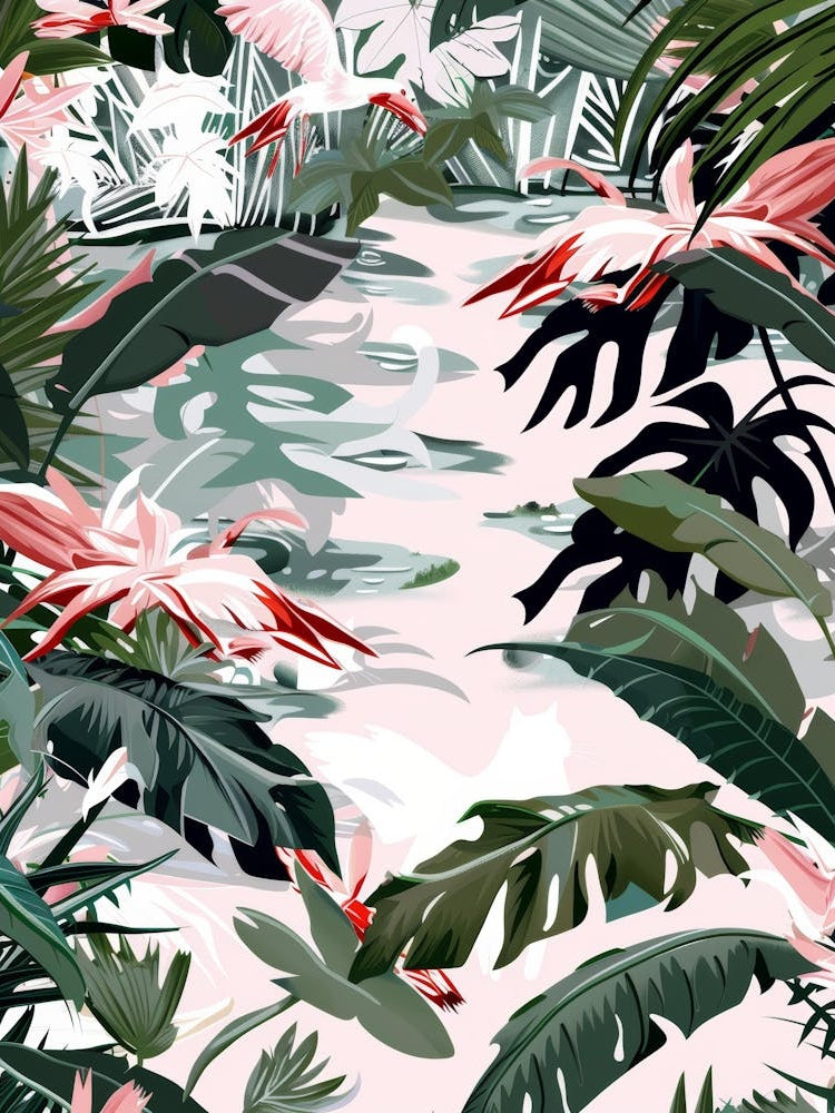 Tropical Jungle With Flamingos