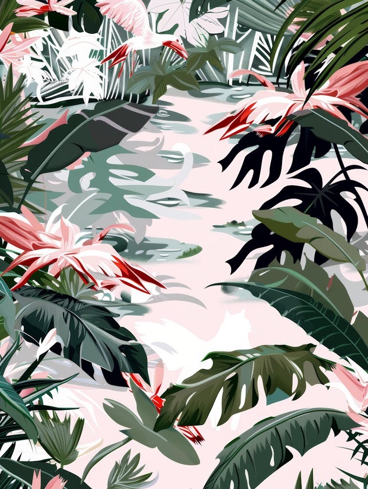 Tropical Jungle With Flamingos