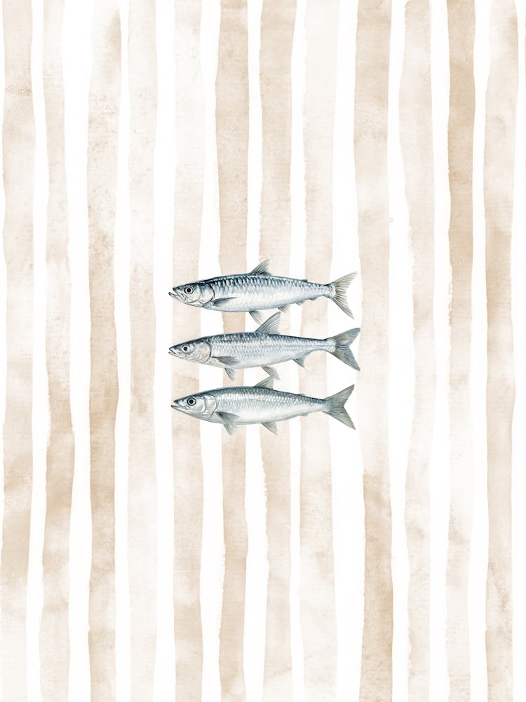 Beige Watercolor Sardines Print Kitchen Wall Art Fisherman Aesthetic Fish Decor