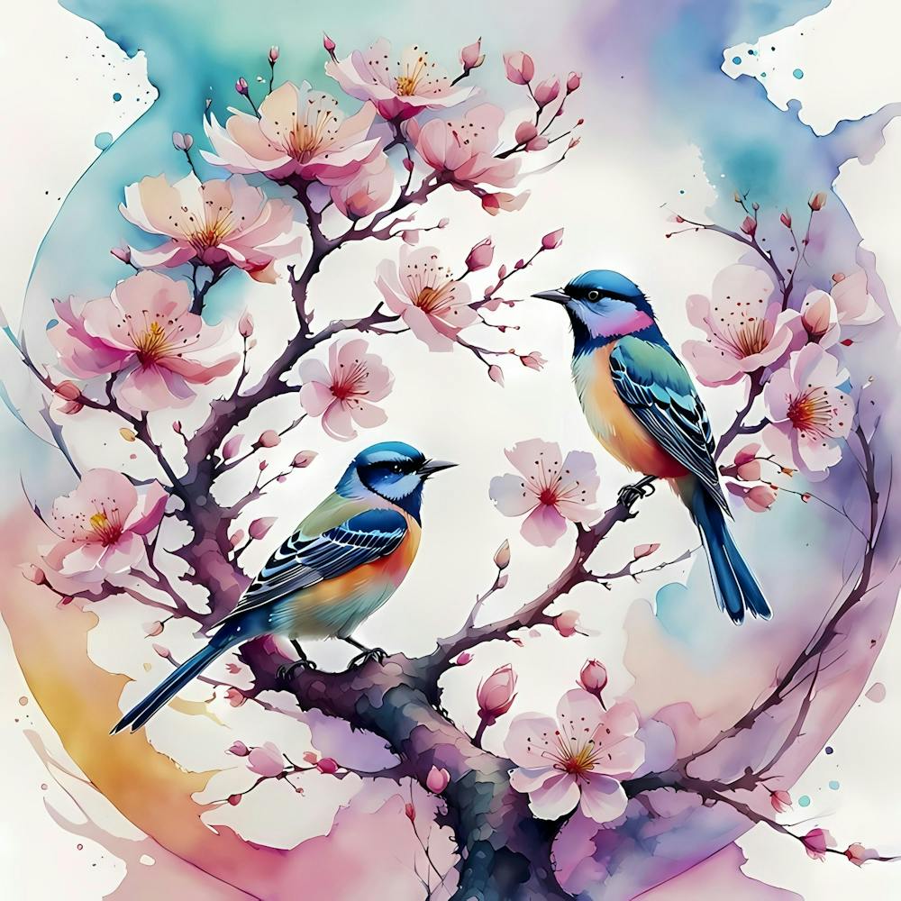 Two Birds On A Cherry Blossom Tree