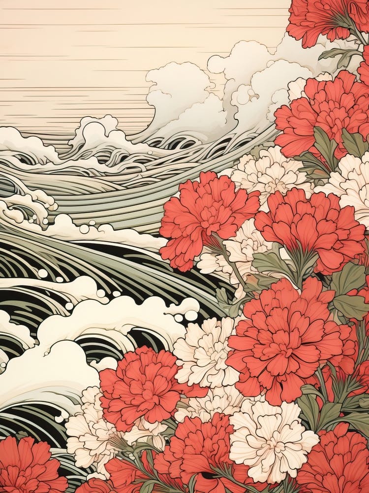Great Wave With Sweet William Flower Drawing In The Style Of Ukiyo E 2