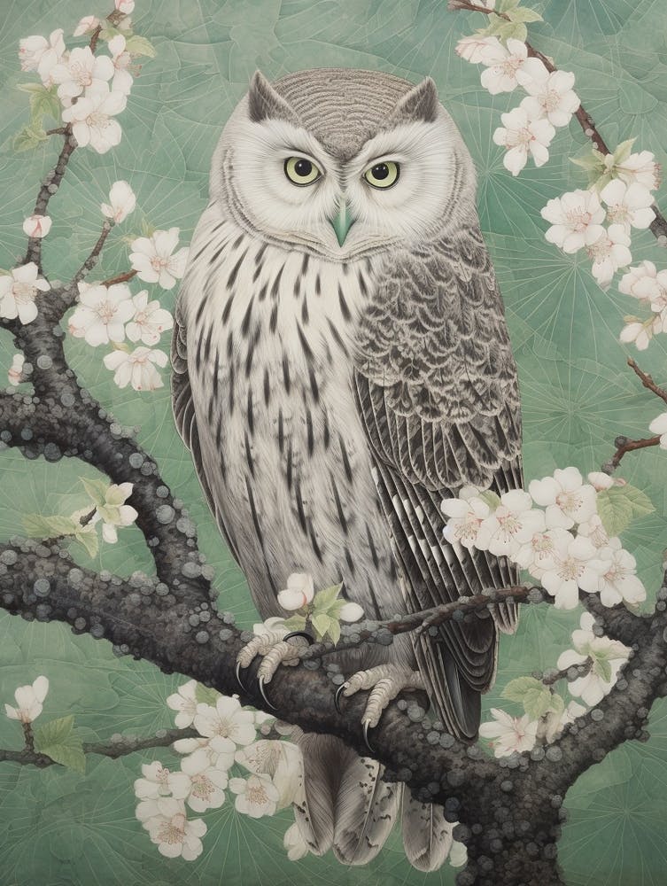 Peinture d'oiseau inspirée d'Ohara Koson - Hibou 4