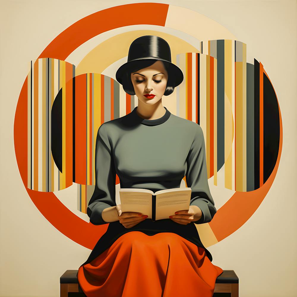 Modern Vintage Woman Reading – Geometric Art Deco Style Portrait"