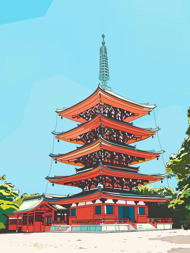 Shitenno Ji Temple Osaka 2 Colourful Illustration