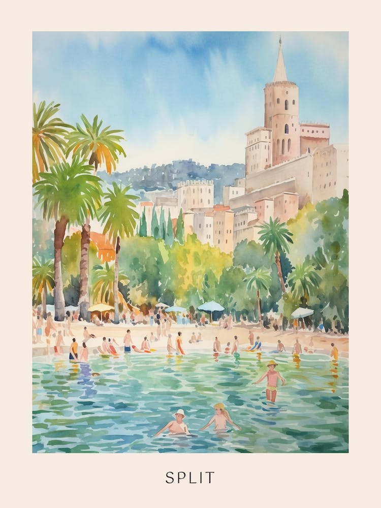 Swimming In Split Croatia Watercolour Poster
