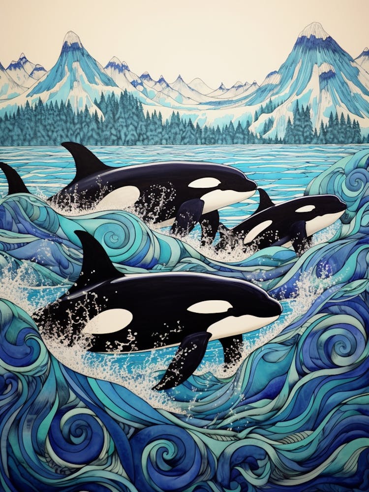 Blue Swirls Orca Whale Doodle