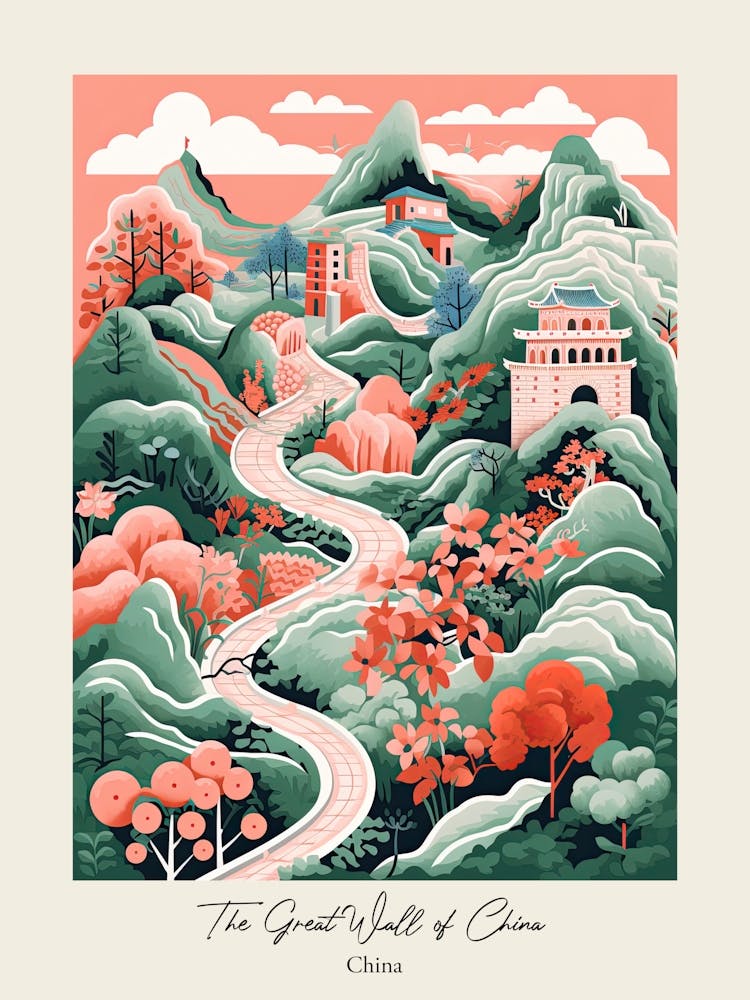 The Great Wall Of China   Cute Botanical Illustration Travel 1 Poster